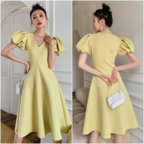 【取寄：納期2週間】半袖ワンピース 大きいサイズ XL ハイウエスト パフスリーブ Aラインスカート 夏服