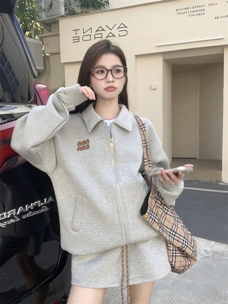 長袖スーツ秋冬 韓国 かわいい レディース 無地 襟付き長袖アウターレトロセットおしゃれフーディーブルサイズ丈ミニトップス春カジュアルスポーツファッション系通学学生袖お出かけアップシルエットトラック長