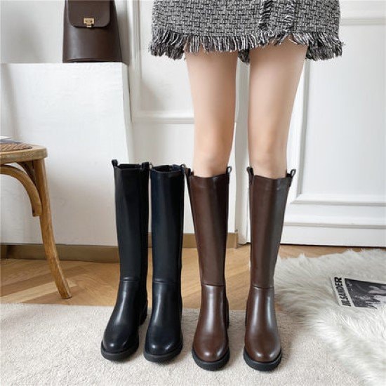 【取寄：納期2週間】ロングブーツ レディース サイドゴアブーツ 靴 シューズ ロング丈 ブーツ ローヒール バックジッパー 太ヒール シンプル 無地 カジュアル 美脚 履きやすい 歩きやすい