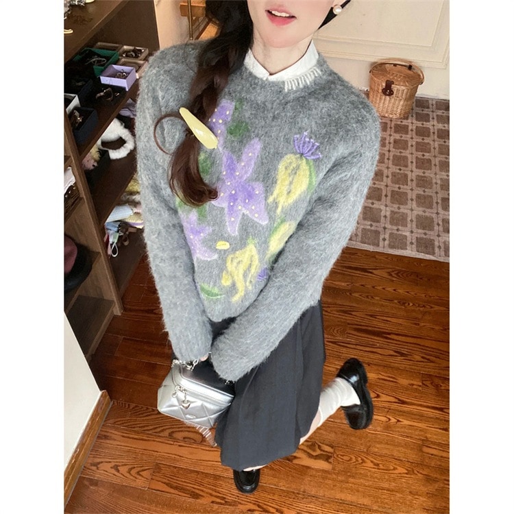 南洋インターシャ刺繍モヘアニットウールデザイン起毛セーターカーディガンジャケット女性用 F102515