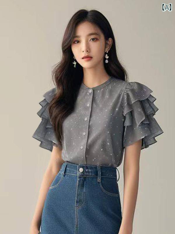 レディース ファッション 美しい シャツ グレー 水玉 半袖 シャツ 夏 シック 美しい トップススス