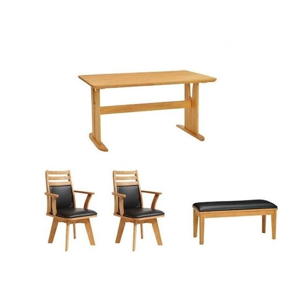 4点セットダイニングテーブル1台＆回転チェア2脚＆ベンチ1脚セット 木製 ブラッシング加工 ナチュラル