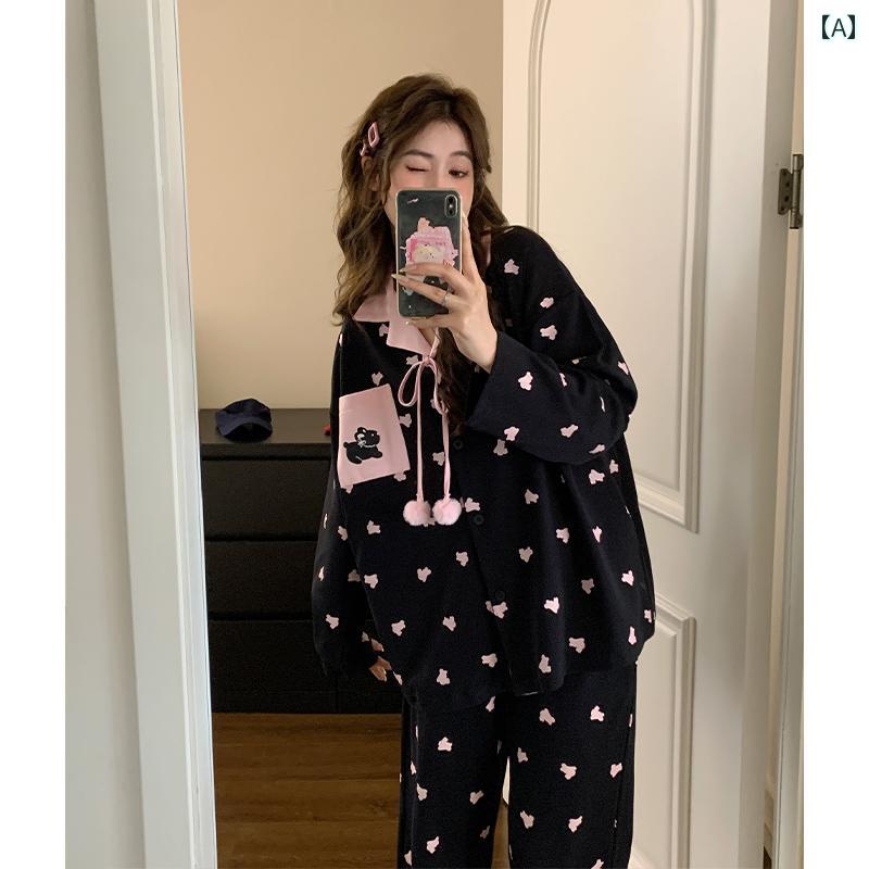 パジャマ　レディース　かわいい 春秋 女性用 パジャマ 長袖 ウサギ プリント カジュアル ブラック アウターウェア 綿 ホームウェア スーツ