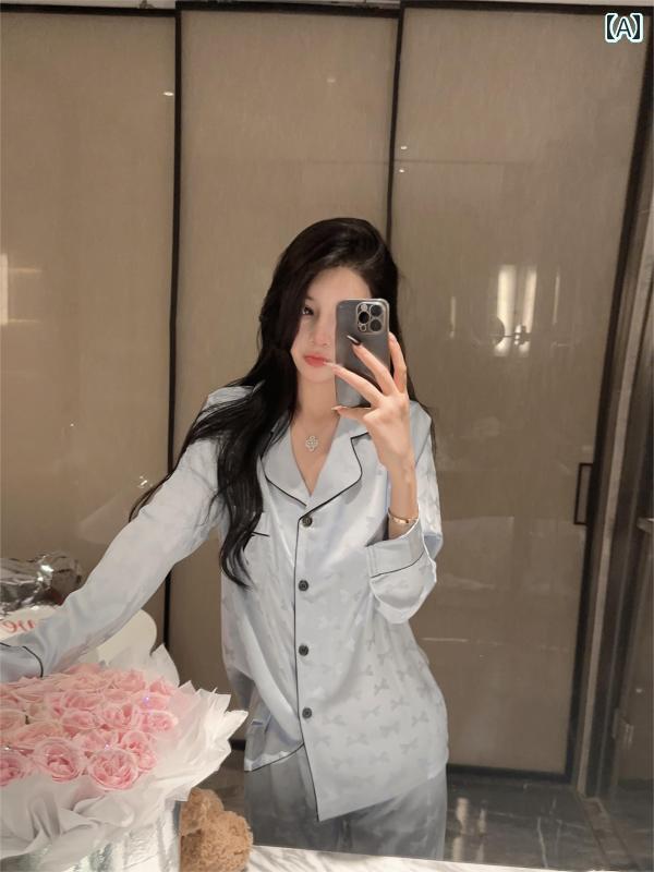 シルク　パジャマ　レディース 冷感 パジャマ 春秋 レディース 高級 ジャカード 2025 夏 ブルー 長袖 ホームウェア