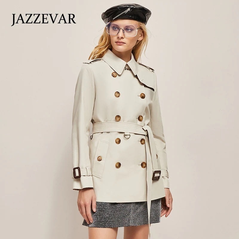 【3日出荷】春トレンチコートレディースアウターショート丈ヘップバーンスタイルダブルブレストイギリススタイルカジュアル高級感ウェスト引き締め