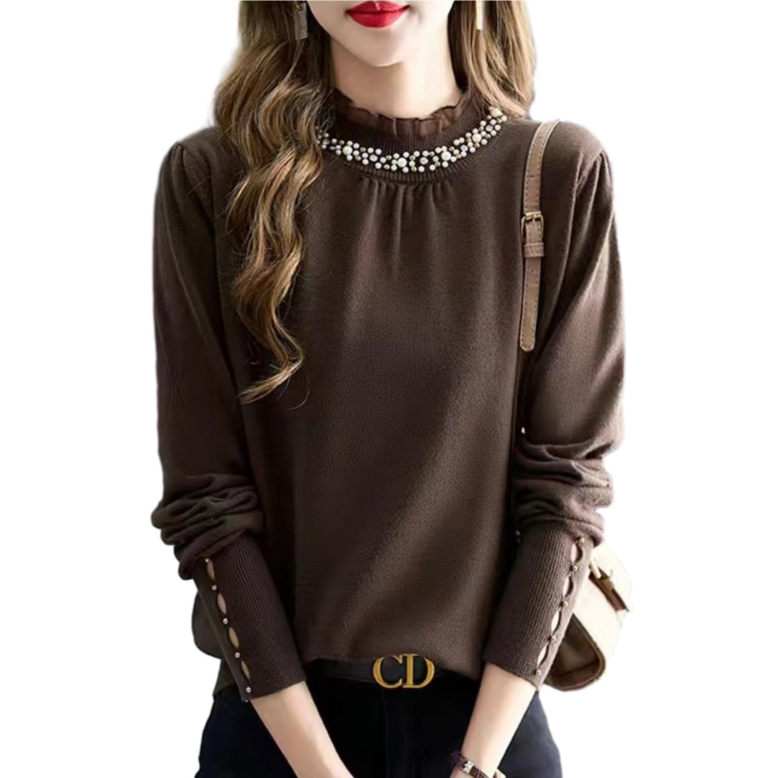 ニット トップス レディース 秋冬 ニュールック・ハイネック・デザインセンス小釘玉・カシミヤタッチ・重ねる着便利・着回しやすい・厚手・着痩せ・小顔・高伸縮 リブ セーター カットソー ニットソー イン