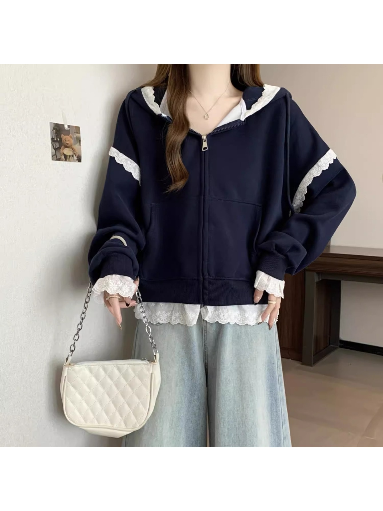 パーカージップアップ ライトパーカー長袖カーディガン フロントオープン アウター トップスレースデザイン スウェットシャツトップス パーカー レディースジップアップスウェット ジップ パ