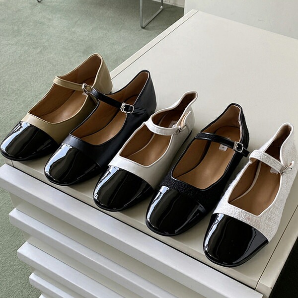 バレエシューズ パンプス キャップトゥ フロントストラップ 黒 白 ブラック ベージュ ホワイト 7,364円