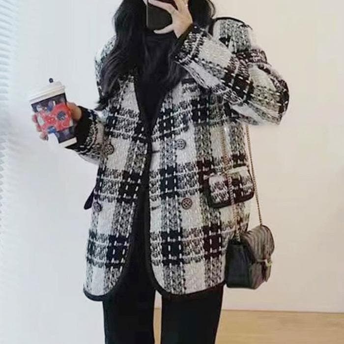 目玉商品 超人気 ツイード ジャケット レディース ノーカラー 秋冬 アウター 長袖 チェック柄 異素材 ミックス おしゃれ