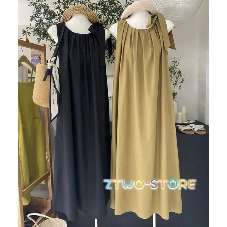 新品推奨 肩紐リボン ワンピース ロング ノースリーブ ワンピース 黒 ワンピース 春 カジュアル レディース ワンピース 夏 体型カバー ゆったり ショルダーリボン 4,707円