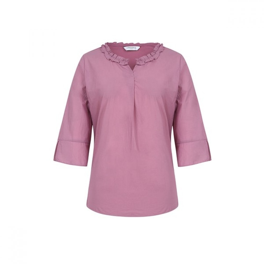 [クロコダイルレディ] パープルネックラインフリル装飾ブラウスTシャツCLCMTS122