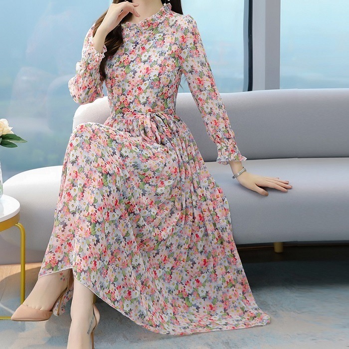 ワンピース レディース 花柄ワンピース 花柄 小花柄 フラワー スタンドネック フリル 長袖 フレアワンピース フレア ハイウエスト ウエストマーク リボン ロングワンピース ロング丈