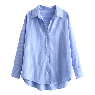 トップス シャツ ストライプ ベーシック 定番 袖あり 長袖 襟付き スリム タイト 細身 前開き 綿 薄手 コットン きれいめ シンプル 大人 上品 おしゃれ お洒落 かっこいい 大人可愛い 大人女