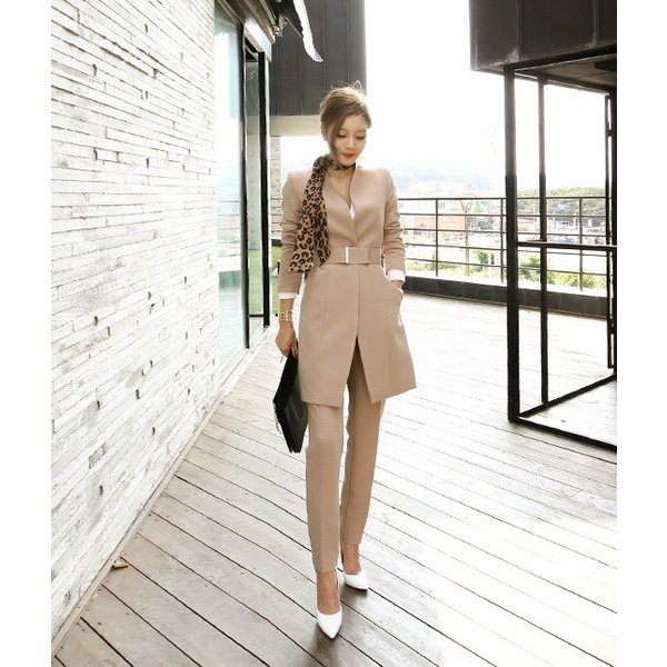 スーツ フォーマル パンツスーツ ベルト付 通勤 パーティー オフィス OL 卒業式 卒園式 入学式 入園式 セットアップ ノーカラー Vネック 上下セット 無地 長袖