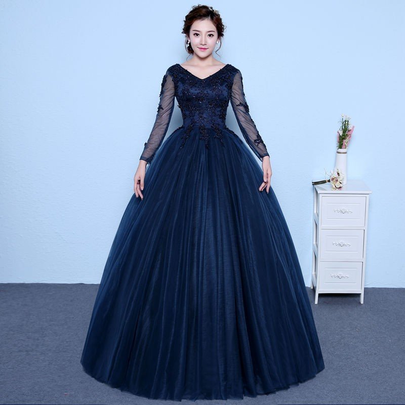 ロングドレス ウェディングドレス 花嫁ドレス カラードレス 結婚式ドレス 披露宴パーティードレス 写真撮影ドレス 紺色