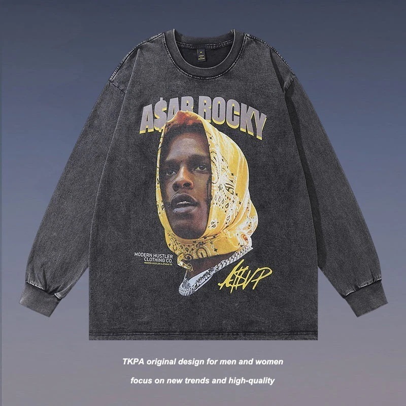 TKPA アメリカ西海岸ギャングスターロッキープリントウォッシュアンドエイジド長袖ボトリングTシャツ男性と女性のヒップホップストリート