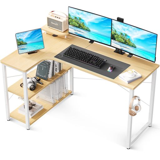 ODK パソコンデスク L字 ゲーミングデスク 幅130 L字デスク PCデスク デスク 机 ラック付き 収納 コーナーデスク オフィスデスク 在宅勤務 組立簡単 書斎 ナチュラル 左棚