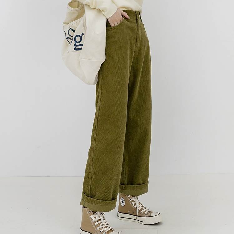 ボトムス パンツ コーデュロイ ストレート レディース ハイウエスト ゴム ボタン 個性的 暖かい きれいめ シンプル おしゃれ こなれ感 ラフ 存在感 抜け感 無地 秋 冬 ベージュ グリーン くす