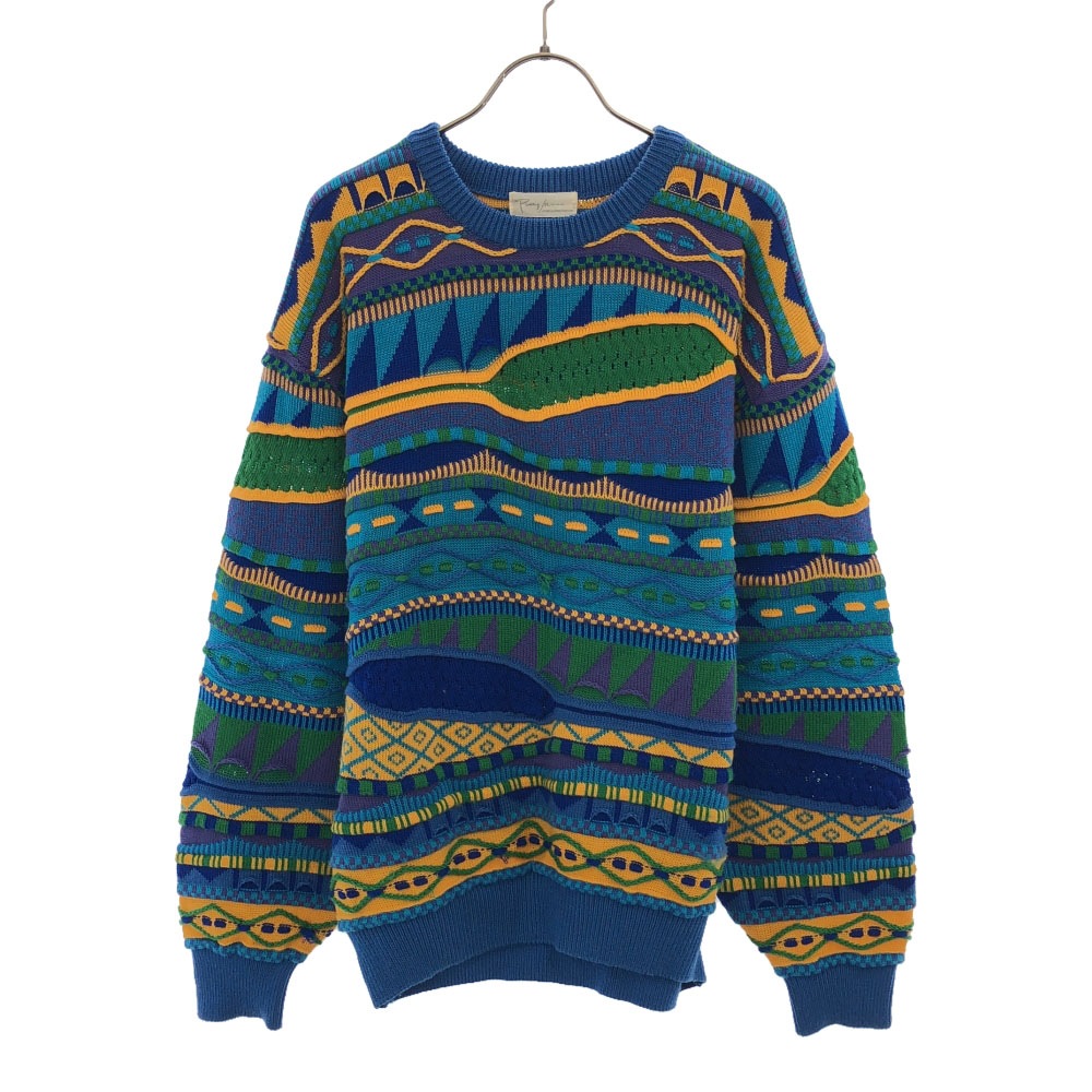 オールド 90s 日本製 3D 総柄 長袖 ニット ブルー系 OLD セーター メンズ