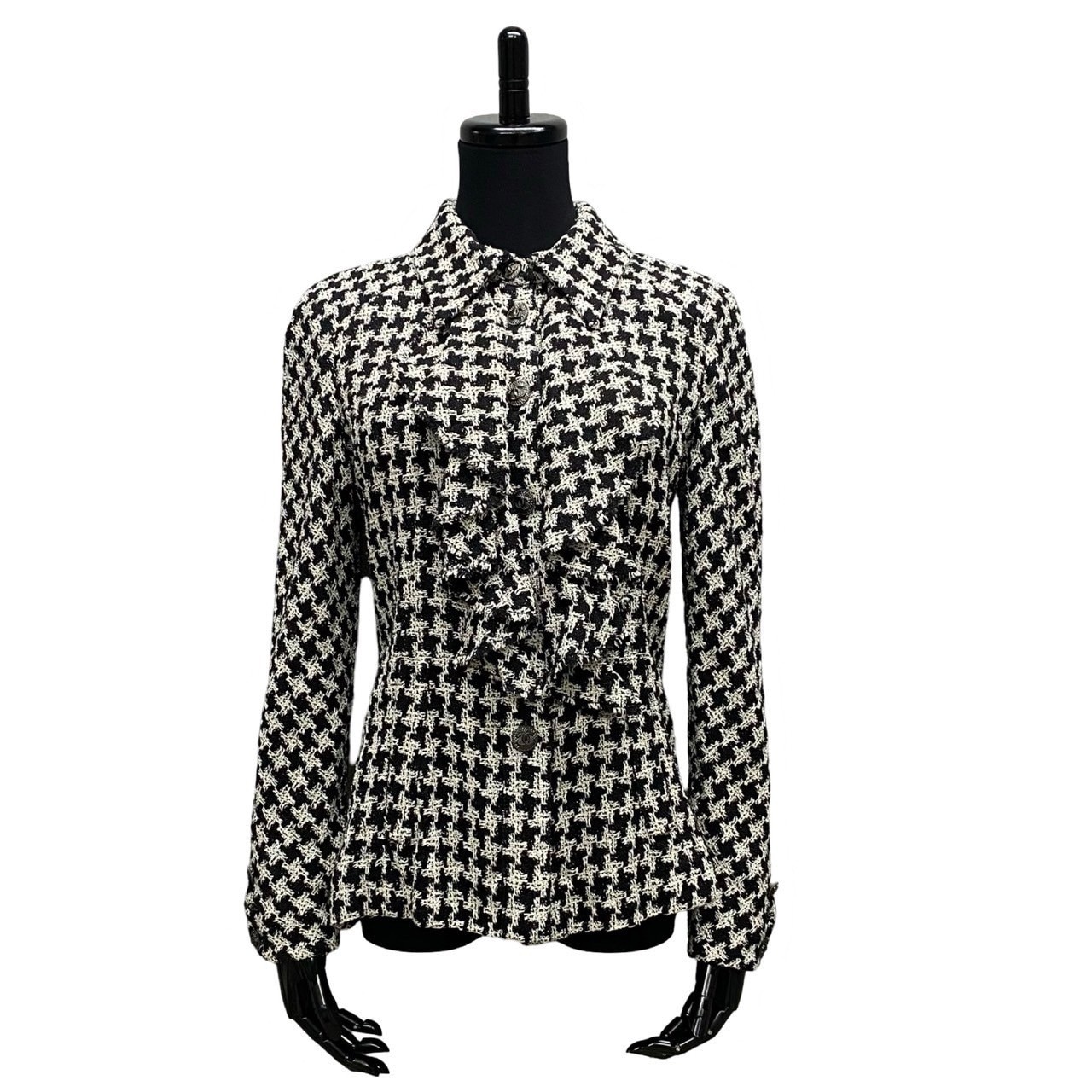 ココマーク 千鳥格子 柄テーラードジャケット シルク メタル ホワイト b74-8