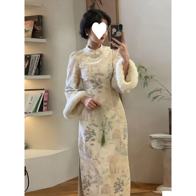 新しい中国風改良チャイナドレス2023年秋冬新作暖かい厚みのある生端プリント日常着