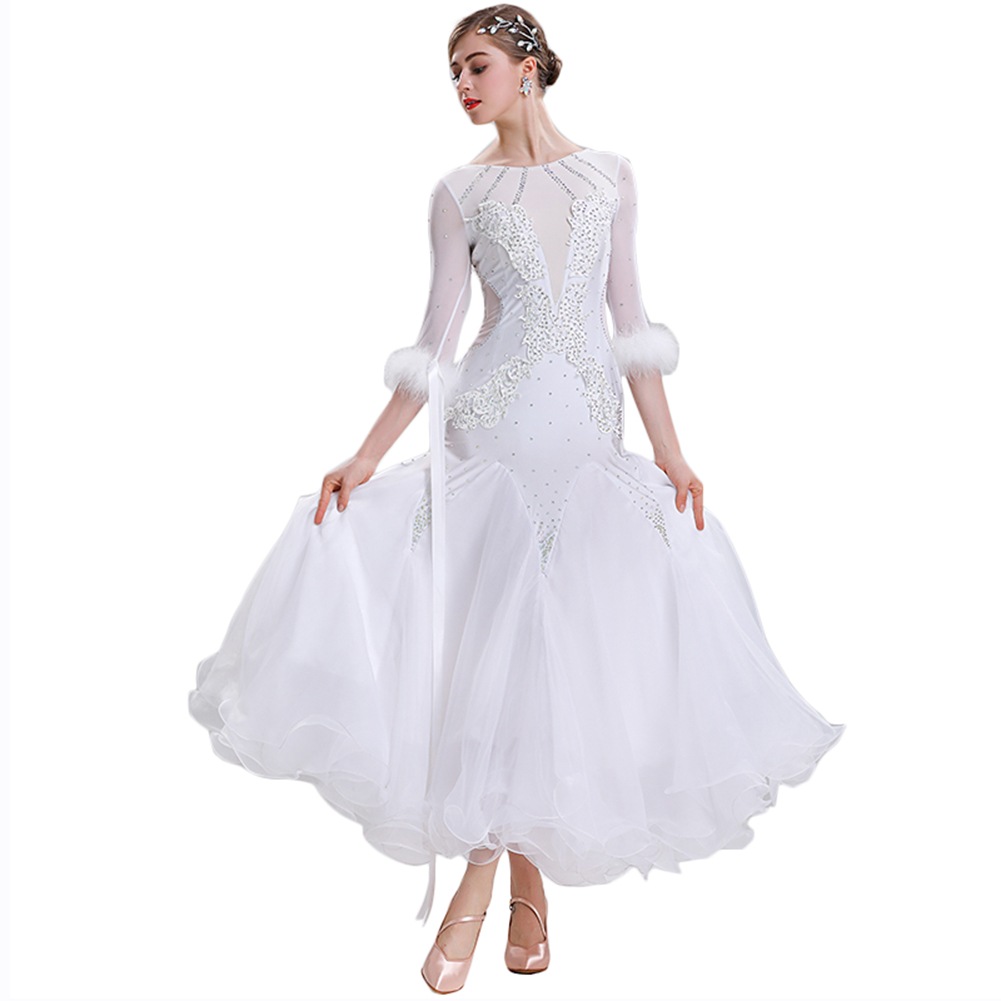 社交ダンス モダンドレス ワンピースドレス 大きい裾 羽付き ホワイト レッド スタンダードドレス キラキラビジュー付き インターナショナルダンス 豪華 演出服 競技会 ワルツ服 練習着 競技用 ス