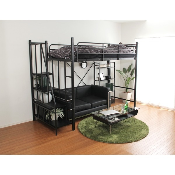階段付き 宮付き ロフトベッド シングル (フレームのみ) ブラック 2口コンセント付き ベッドフレーム 組立品 マットレス別売