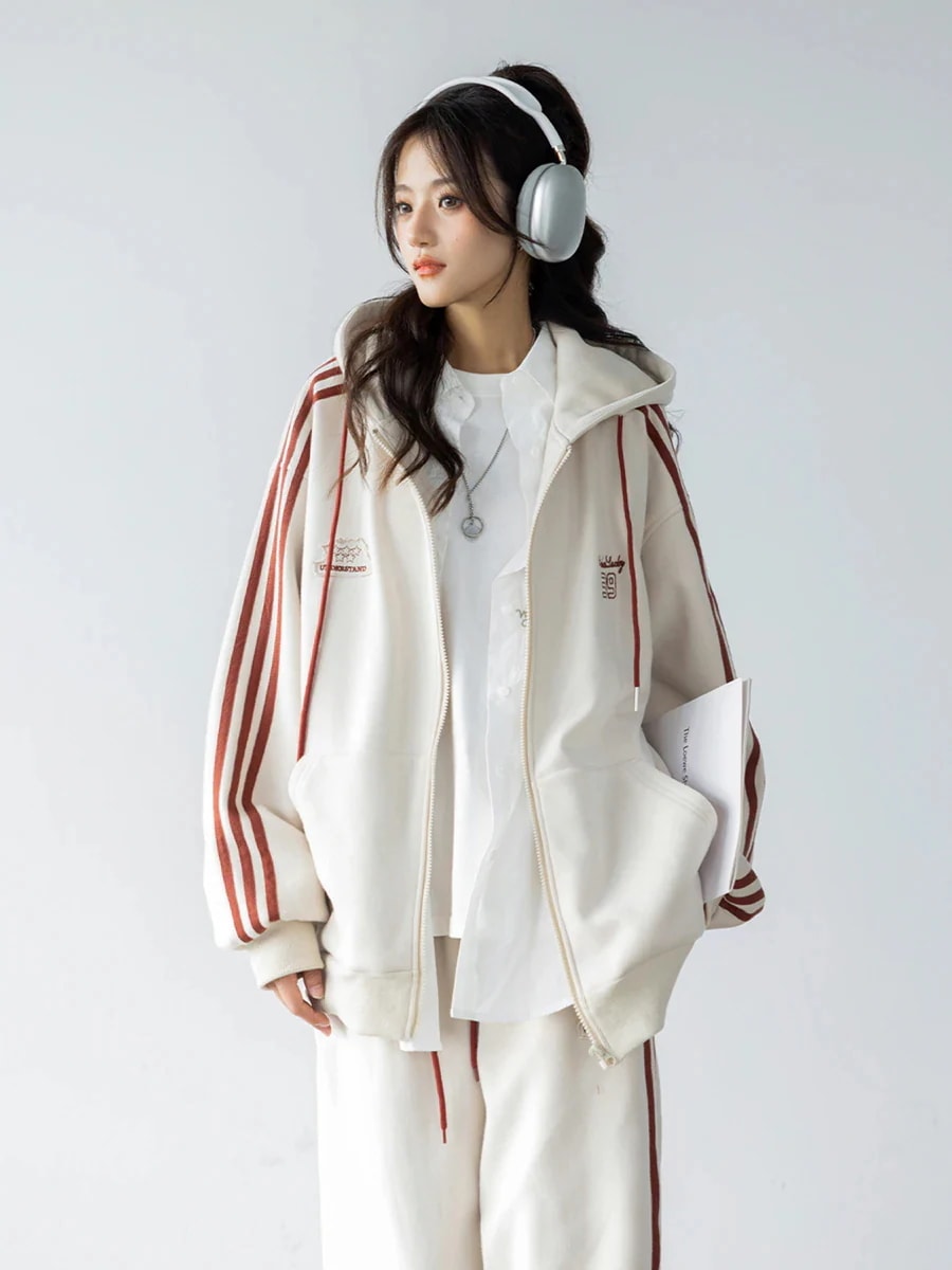 【急速出荷!】2024 秋冬 2点セット トップスパーカー フード付き チャック韓国羽織り ショート丈 フルパーカー ルーズ サイド上下ボトムス ストレート系冬 ゆったりサイズワイドシルエットリラック