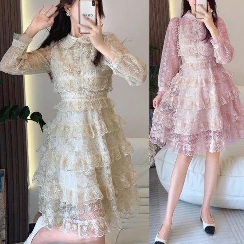 【即納】パーティードレス 韓国 ミニ ワンピース ティアード レース 可愛い お呼ばれ 結婚式 二次会 成人式 同窓会 20代 30代 40代 レディース ドレス 花柄 襟付き 春 夏 秋 冬 長袖