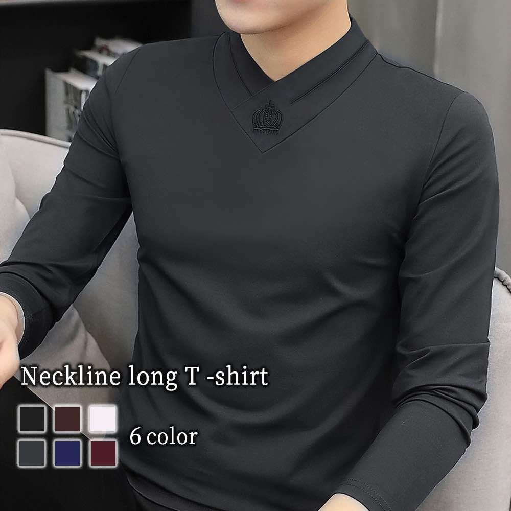 Tシャツ メンズ ネックラインロングTシャツ 肌着 おしゃれ ロング スポーツ コットン 長袖 厚手 Vネック ティーシャツ ブランド ゆったり 無地 ブラック オシャレ ポリエステル ワッフル イン