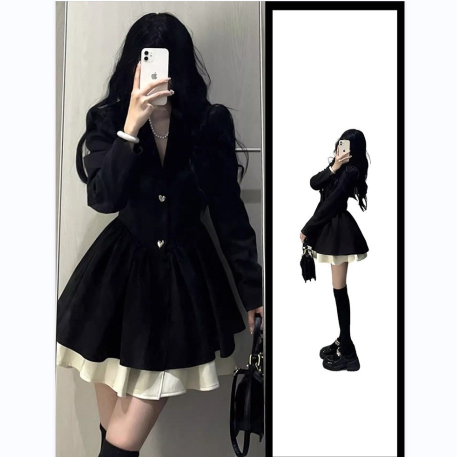 2023秋冬服スモールブラックスーツドレスレディースツーピーススーツプリンセススカート