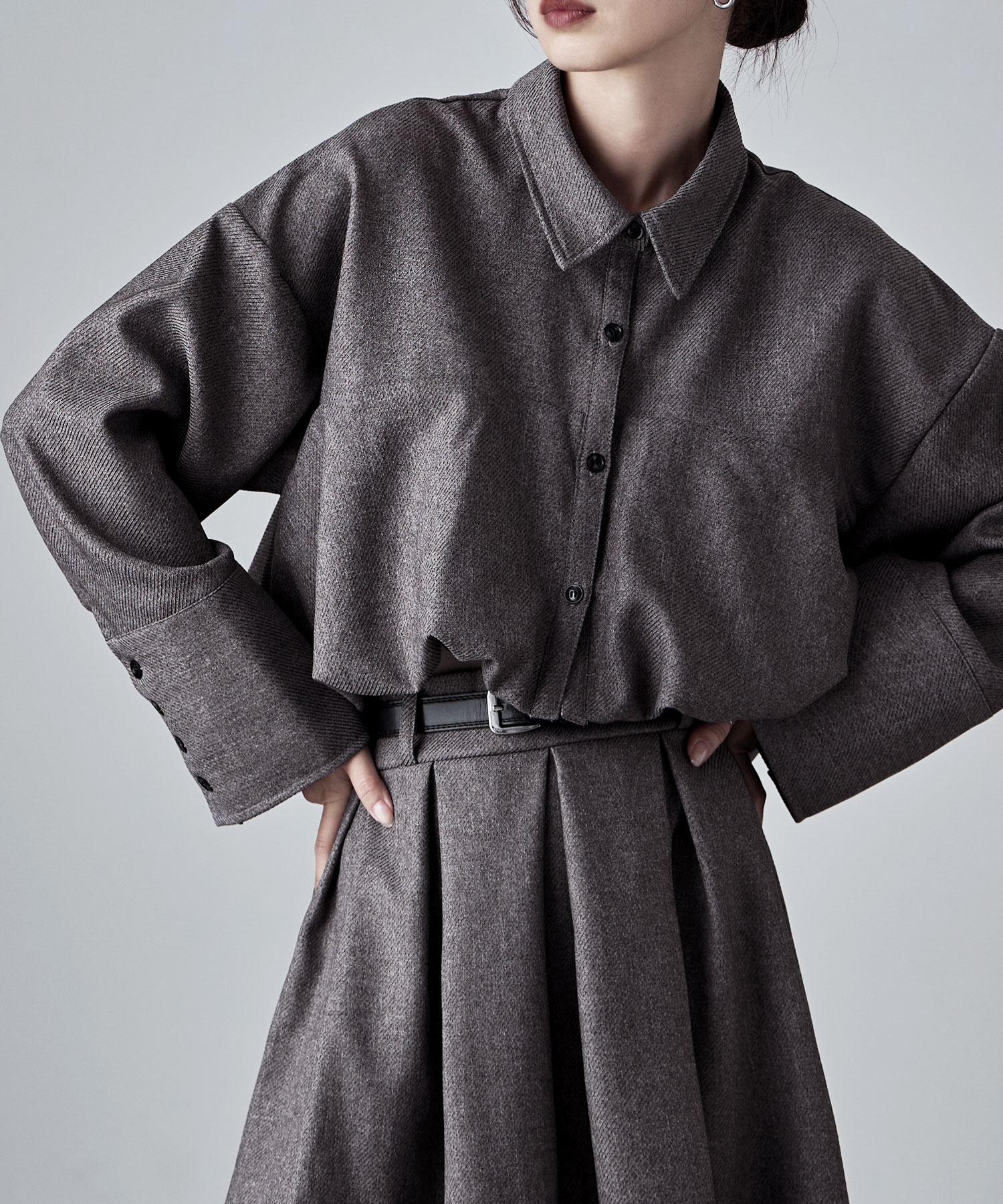 ヘザーツイルバルーンシャツ トップス シャツ ブラウス 長袖 クロップド ショート丈 バルーン ツイル ロングカフス ゆったり セットアップ