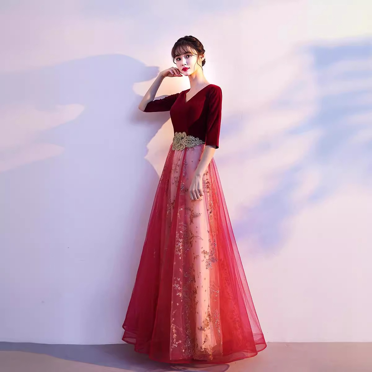 ドレス女性宴会セレブ気質学生詩朗読紅歌合唱服司会者指揮服舞台演出服