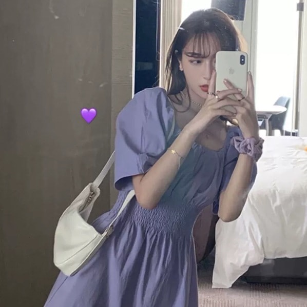 ワンピース ショート丈 パフスリーブ 半袖 ボリュームスリーブ スクエアネック フレア デザイン シャーリング ギャザー ウエストゴム 美ライン ニュアンス カラバリ ロマンチック かわいい