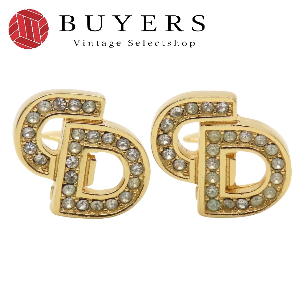 中古 イヤリング CDロゴ メタル ラインストーン ゴールド メッキ GP アクセサリー レディース 女性