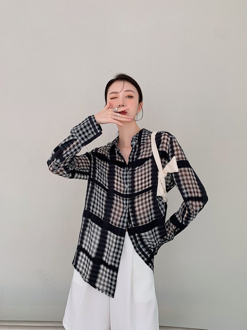 シャツ ブラウス カットソー レディース 長袖 かわいい 大人可愛い きれいめ カジュアル 透け感 抜け感 主役級 存在感 モード クール チェック 春 夏 秋 学生 イベント ブラック トップス