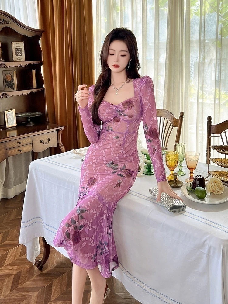 【JY.上品】 秋 花柄ワンピース スクエア襟 マーメイド パーティードレス キャバ 着痩せ 大人 同窓会 披露宴 卒業式 結婚式 演奏会 ウェディング 二次会 5,106円