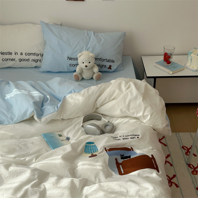 麗夢が眠るかわいい純綿洗いざらし4点セット・純綿シーツ・掛け布団カバー・ボックスシーツ寝具