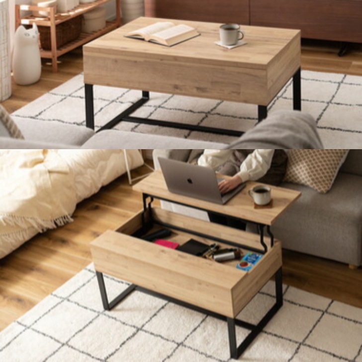 センターテーブル リビングテーブル 2WAY 収納 高さ調整 広々 ゆったり 一人暮らし リビング ソファ パソコン 作業 ナチュラル ウォルナット風 SO-851