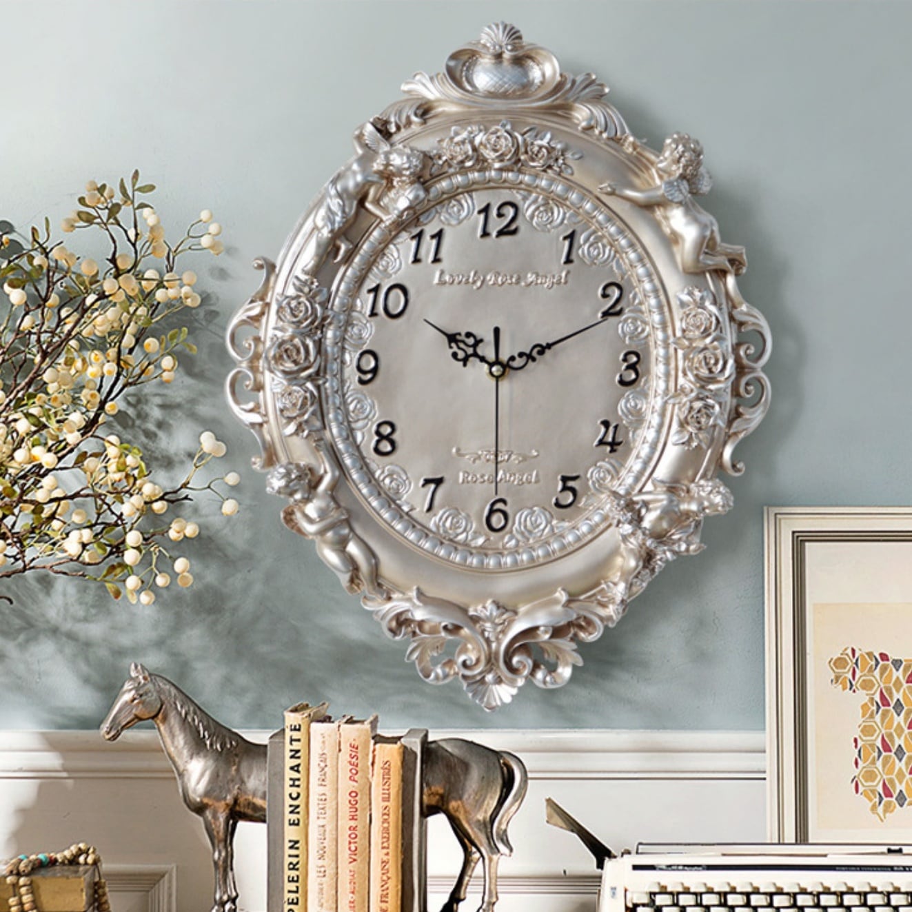 掛け時計 クロック ヨーロピアン 薔薇 ローズ 天使 エンジェル 華やか ホワイト ゴールド シルバー おしゃれ インテリア アナログ時計 電池