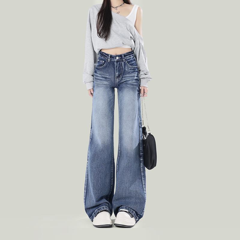 デニムパンツ レディース ボトムス ジーンズ アメリカン レトロ ワイド ハイウエスト 秋冬 ブルー