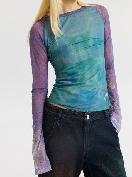 23SS サビ総柄ラグランメッシュトップス