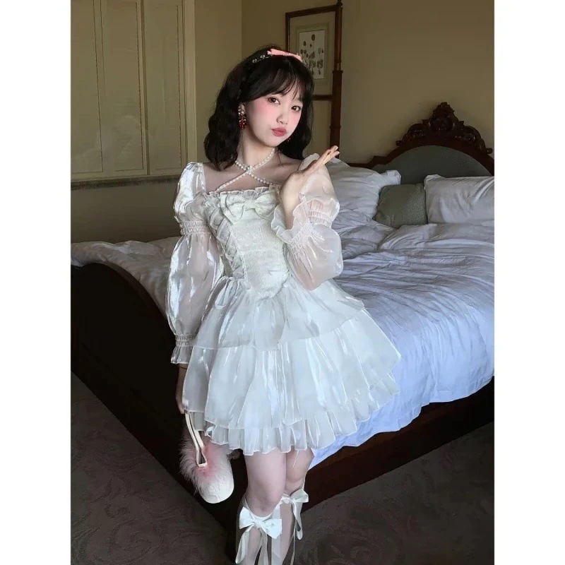 ロリータワンピース ロリータ 白のチュールワンピース 蝶結び 角領 コスプレ 日系ロリータ ワンピース コスプレ セクシー可愛い サスペンダースカート プリンセススカート ロリータ