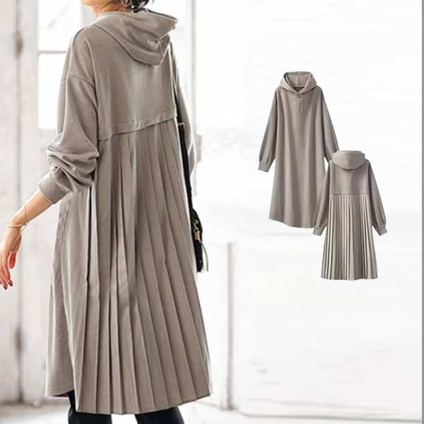 【人気上昇中】 絶対可愛いバックプリーツプルオーバー膝上丈無地パーカー