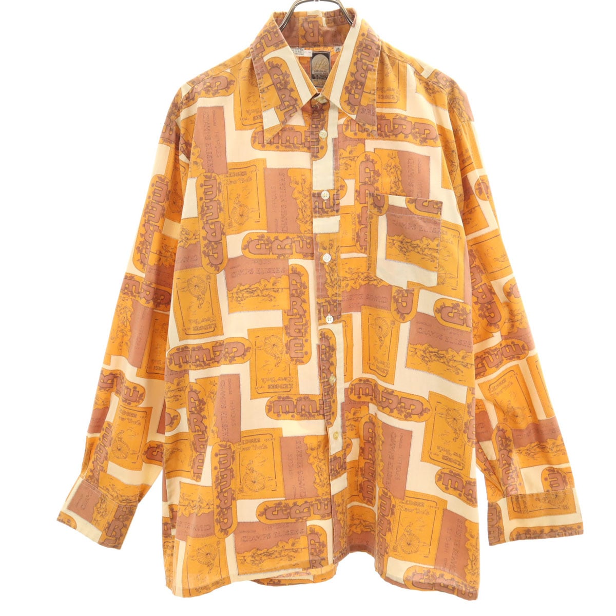 JP2 70s ヴィンテージ 総柄 長袖 シャツ XL イエロー系 メンズ 古着