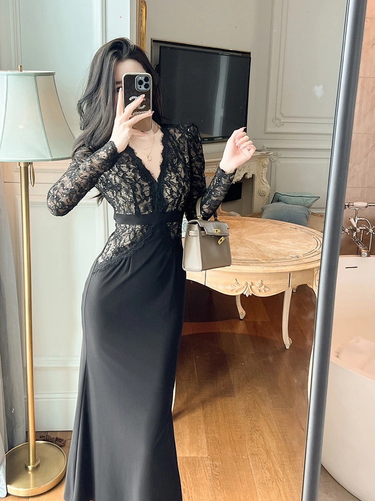 春秋 公式の場 ワンピース レース スカート セクシー レディース ウエスト引き締 大人 長袖ブラウス ドレス ロングスカート 気質 パーティードレス め