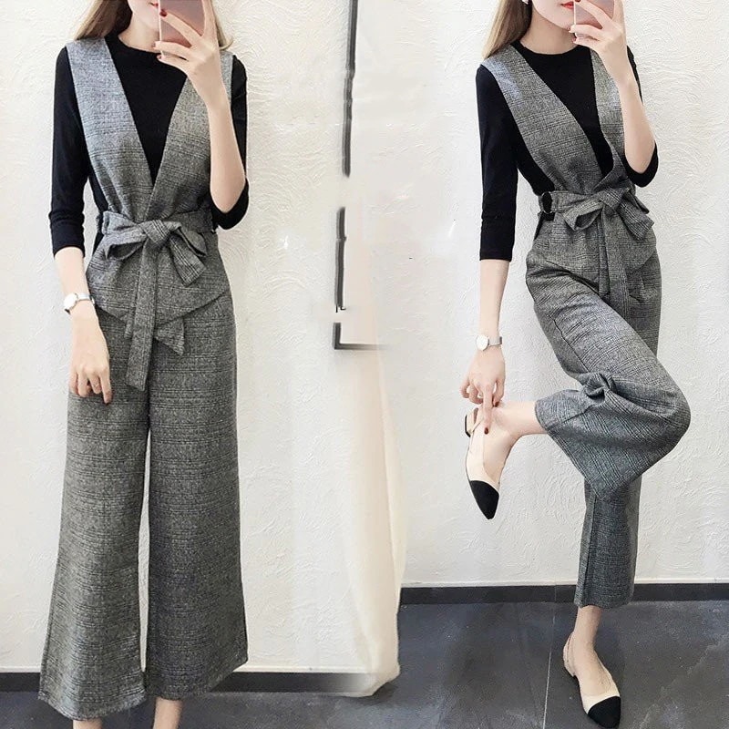 セットアップ 3点セット レディース 上下セット OL フォーマル ガウチョパンツ ウエストベルト