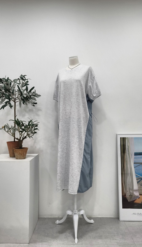 マンツーマンTシャツワンピース配色半袖ロングワンピース楽なオーバーフィットウエストストリングホームワンピース