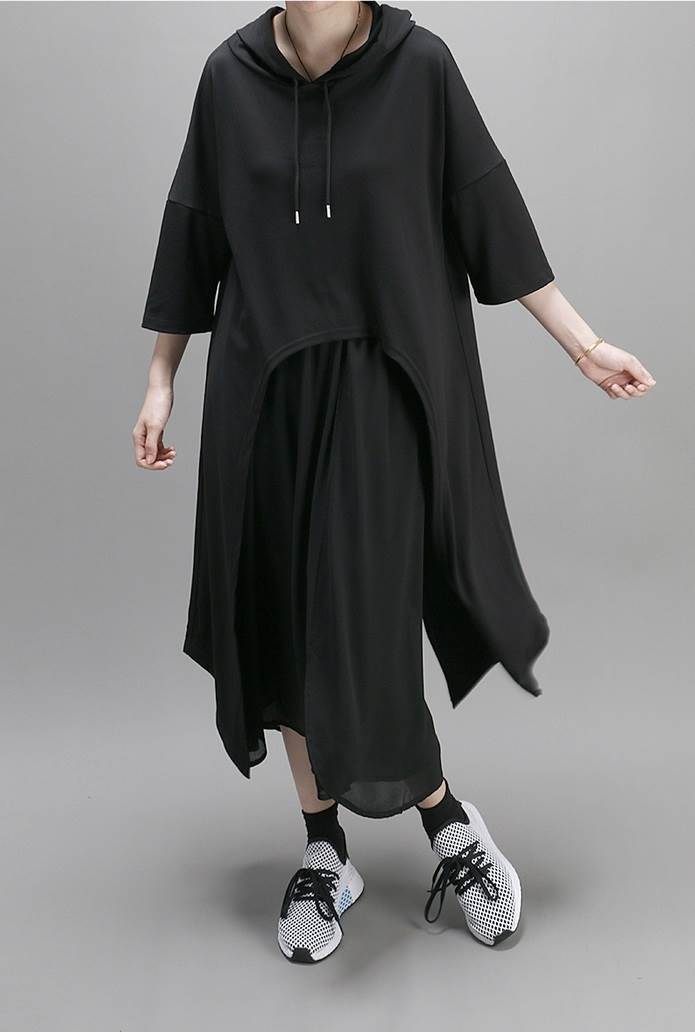 レディース トップス ロング パーカー 人気 通販 半袖 袖あり 5分袖 アシンメトリー 不規則 フード付き シンプル 無地 ドローストリング ドロスト ドロップショルダー ブラック ゆっ 大人可愛い