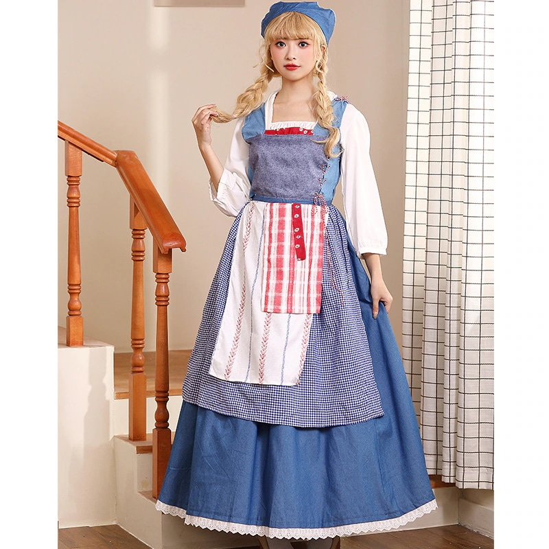 美女と野獣 ベル町娘 ベルメイド服 コスチューム レディース ベル町娘 衣装 ロング 水色 スッキリ感　美女と野獣実写 コスプレ　ベルコスプレ　ワンピース　美女と野獣 ベルコス　ハロウィ